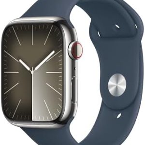 Apple Watch Series 9 [GPS + Cellular 45mm] Smartwatch with Silver Stainless steel Case with Storm Blue Sport Band S/M. Fitness Tracker, Blood Oxygen & ECG Apps, Always-On Retina Display