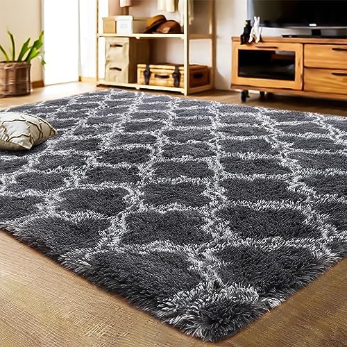 LOCHAS Luxury Velvet Shag Area Rug Modern Indoor Plush Fluffy Rugs, Extra Soft and Comfy Carpet, Geometric Moroccan Rugs for Bedroom Living Room Girls Kids Nursery, 5x8 Feet Dark Grey/White