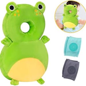 Baby Head Protector and Baby Knee Pads for Crawling,Toddler Baby Walking Head Protection Safety Pads, Adjustable Infant Cushion Backpack for Baby Walkers (Frog & Blue & Gray, 4-24 Months)