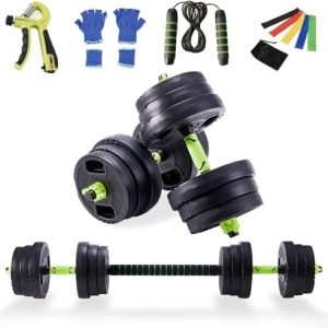 20KG 3in1 Dumbbells Set with Gym Weights Barbell/Dumbbell Body Building Kit - Home Fitness Equipment, Muscle Building, Cardio Workouts - Adjustable Weight Plates for Customized Exercises, Neoprene