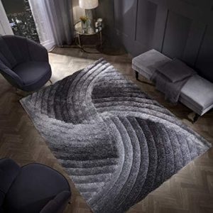 3D SWIRL HEAVYWEIGHT CARVED Shaggy Rug GREY SILVER Ombre Super Plush Extra Large Rugs Living Room with SHIMMERING SPARKLE STRANDS Thick Pile Height Modern Area Rugs (200cm x 290cm (6.6ft x 9.5ft))