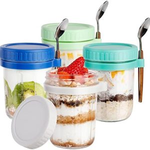 4 Pack Overnight Oats Containers with Lid and Spoons, 16 Oz Overnight Oats Jars, Wide Mouth Mason Jar, Large Capacity Airtight Storage Containers for Oatmeal, Chia Pudding, Yogurt, Salad, Meal Prep