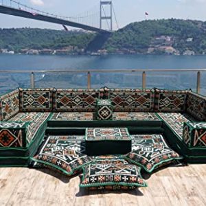 8'' Thickness Green Turkish Sitting Pillows, Floor Cushions, Sofa Slipcovers, Arabic Jalsa, Sleeper Sofa (U Sofa Full Set)