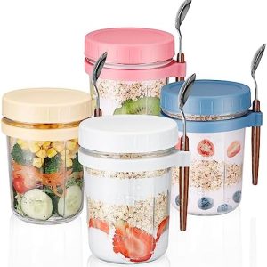 AKONEGE 4 Pack Overnight Oats Containers with Lids and Spoons, 16 oz Large Capacity Glass Mason Jars with Airtight Lid for Overnight Oats Meal Yogurt Chia Pudding Fruit Cereal Oatmeal Reusable Jars