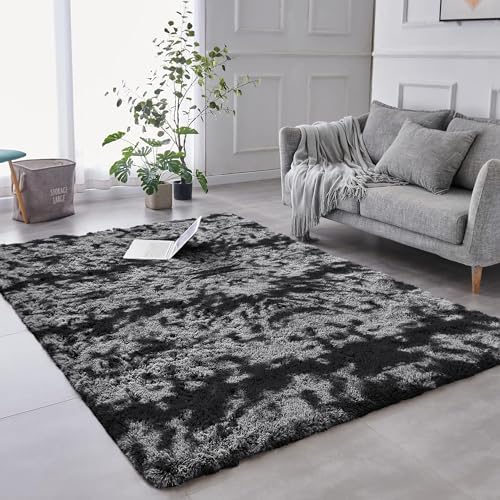 AMEHA Rugs Living Room – Fluffy Shaggy Small Area Rugs for Bedroom Anti-Slip – Modern Dark Grey Super Soft Thick Pile Rug - Plush Carpet Non Shedding Easy To Clean (Tye-Dye Grey, 50cm x 80cm)