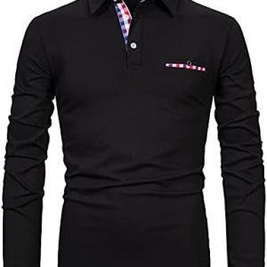APAELEA Men's Long Sleeve Polo Shirt Casual Rugby Shirts with Plaid Down