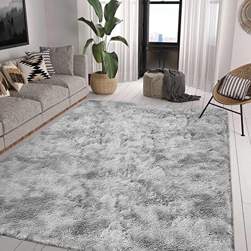 ASIinnsy Area Rugs Soft Fluffy Shaggy Rugs Living Room Grey Large Modern Plush Rug High Pile Non-Slip Bedroom Carpet Floor Mat Nursery Bedside Rug (Grey White, 160 x 200 cm)