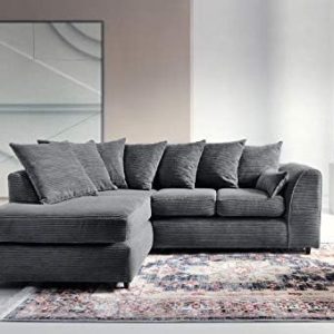 Abakus Direct Left Hand Corner Sofa - Jumbo Cord L Shaped Sofas for Living Room with Thick Luxury Deep Filled Cushioning | Contemporary Chaise Lounge Sofa in Grey | 212Wx164Dx78H