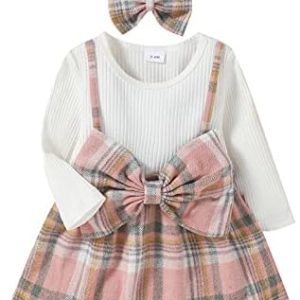 Alunsito Baby Girl Clothes Long Sleeve Bow Dress Solid Ribbed Knit Dress Splicing Strap Plaid Skirt + Headband 2pcs Outfit