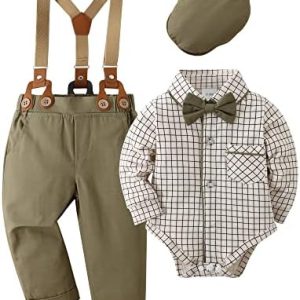 Amissz Baby Boy Gentleman Clothes Suit 0-18 Months Infant Formal Long Sleeve Tuxedo Romper Jumpsuit + Suspender Pants + Beret Hat 3pcs