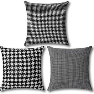 Artscope Set of 3 Vintage Cushion Covers 45x45cm, Traditional Houndstooth Pattern, Black and White Retro Plaid Soft Throw Pillow Covers for Sofa Couch Home Decor (Black)