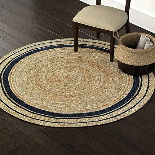 Avgari Creation Rug Round 100% Natural Jute With Black Line Hand Braided Reversible Area Rug (180 x 180 Cm (6 Feet))