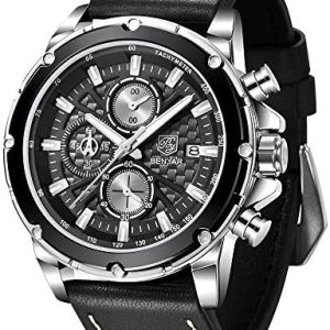 BENYAR Men's Watch Chronograph Quartz Movement Waterproof Wrist Watches for Men with Leather Strap Fashion Style Business Casual