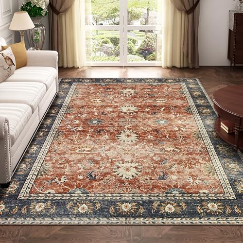 BRICHOEE Vintage Machine Washable Area Rug 5x7 Brick Red/Multi Low-Pile Indoor Floral Print Carpet Non Slip Printed Persian Boho Rug for Living Room