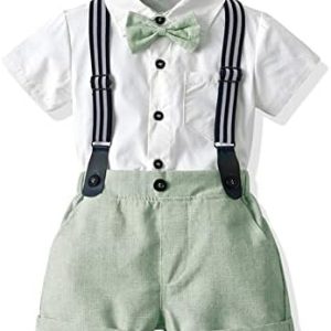 Baby Boys Gentleman Suit, Toddler Wedding Outfits Bow Tie Short Sleeve Shirt Suspenders Shorts 4pcs Set Kids Tuxedo Formal Clothes Cake Smash Holiday Birthday Party Christening Ring Bearer Clothes