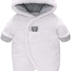 Baby Winter Snowsuit Baby Rompers, Boy and Girl One-Piece Suit with Hood, Toddler Outerwear Snowsuit Set Thick and Warm,White 6-9 Months