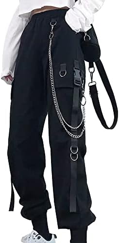 Black Cargo Pants for Women Techwear Women Loose Street Rock Style Casual Black Pants with Chain Goth Pants