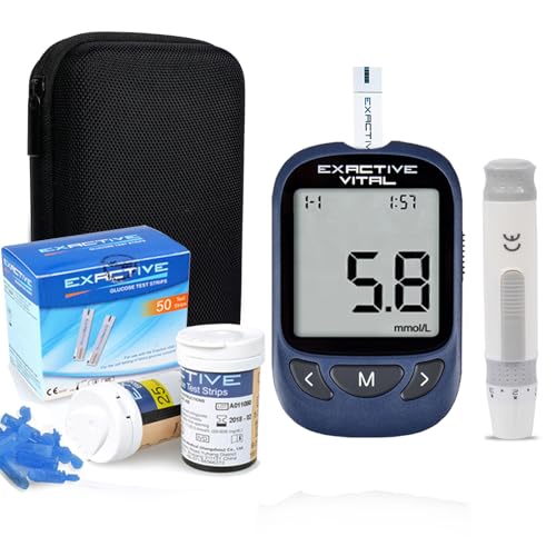 Blood Glucose Monitor Meter, Exactive Vital Diabetes Testing Kit with 50 Test Strips and 50 Lancets Blood Sugar Test Kit for UK Diabetics -in mmol/L