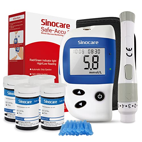 Blood Sugar Monitor, Sinocare Safe Accu2 Blood Sugar Test Kit with 100 Test Strips, 100 Lans, Light Indicator, No Coding, Easy to Use, Diabetes Testing Kit Home Use UK, mmol/L