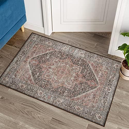 CAREMEE Machine Washable Rug 2x3 Low Profile Indoor Outdoor Throw Area Rug Oriental Traditional Non Slip Area Rug for Living Room Kitchen Entryway Laundry, 2' x 3' Black