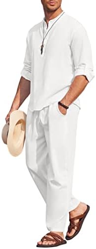 COOFANDY Men's 2 Pieces Cotton Linen Set Casual Long Sleeve Henley Shirts Beach Pants With Pockets Summer Yoga Outfits