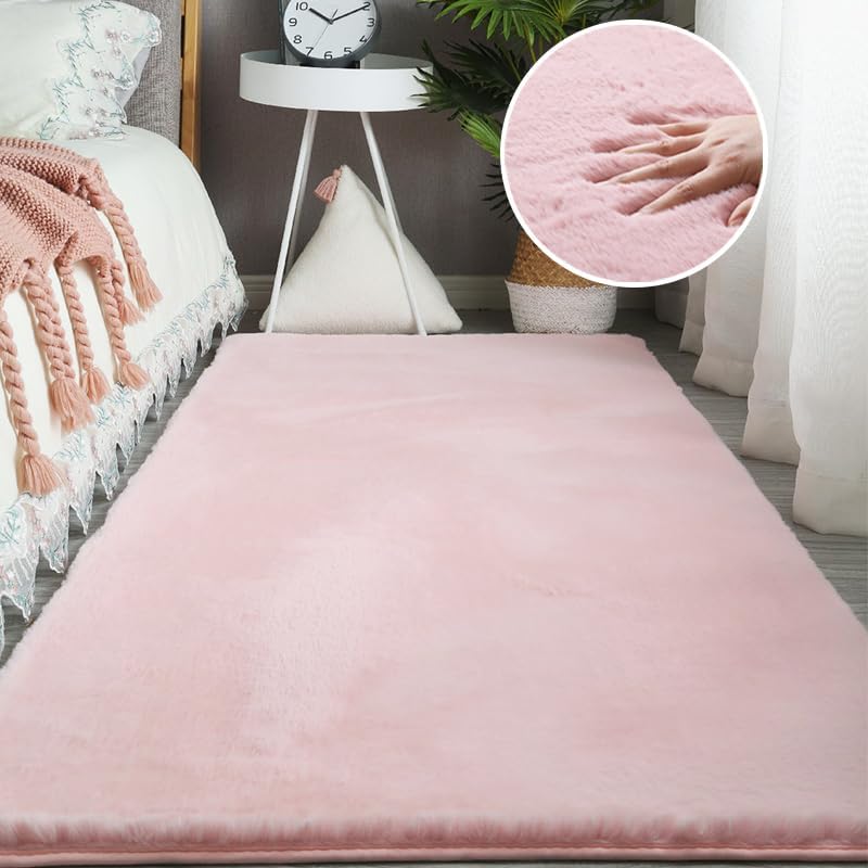 Ceneco Faux Rabbit Rug Ultra Soft Fluffy Faux Fur Rugs Anti-Slip Floor Rugs Modern Area Rug for Living Room, Bedroom, Nursery, Kids Baby Room(Pink,60x120cm)