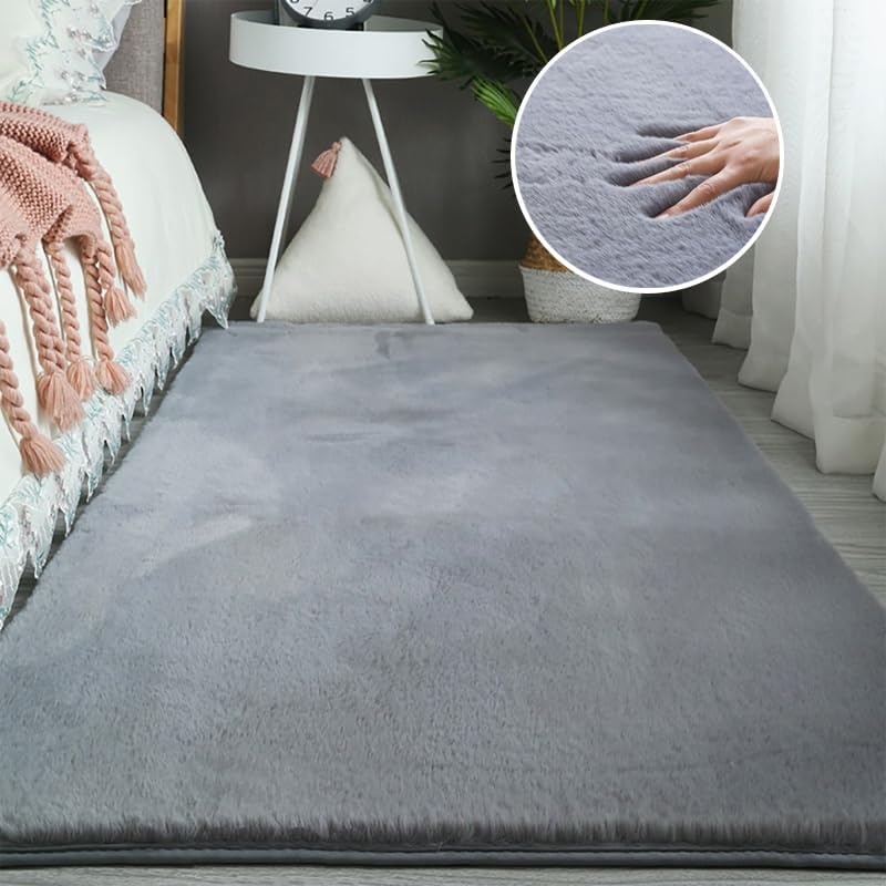 Ceneco Faux Rabbit Ultra Soft Fluffy Fur Rug Anti-Slip Floor Mat Grey Rug, Super Soft Carpet Suitable as Living Room Bedroom Kids Room(Grey,60x120cm)