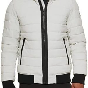 DKNY Men's Quilted Performance Hooded Bomber Jacket Down Alternative Coat
