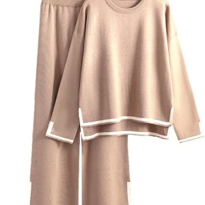 DONYKARRY 2pcs Women's Tracksuits Knit Outfits Oversized Casual Long Sleeve Pullover Tops High Waist Wide Leg Pants Lounge Sets