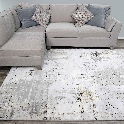 Designer Abstract Silver Grey Painterly Living Room Rug Gold Metallic Dense Super Soft Light Grey Lounge Bedroom Area Rugs 120cm x 170cm