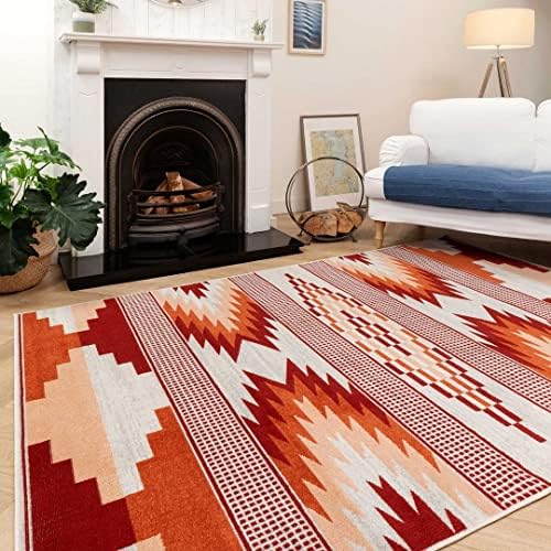 Designer Tribal Striped Terracotta Orange Lounge Living Room Area Rug Cream Easy Clean Bedroom Carpet Utility Hallway Kitchen Rugs 160cm x 230cm