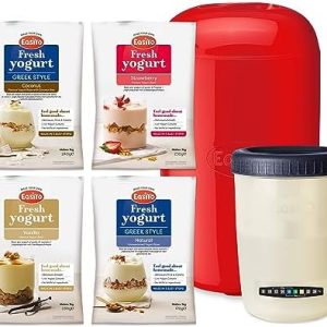 EasiYo Red Yoghurt Maker (1kg) Starter Pack | Includes 4 Sachets of Yogurt Natural, Strawberry, Vanilla and Greek Style with Coconut Bits