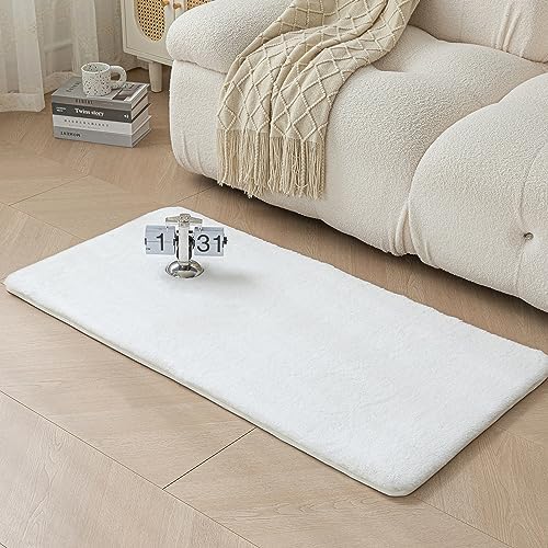 Evitany Ultra Soft Faux Rabbit Fur Area Rug Fluffy Thick Bedside Carpet Anti-Skid Carpets for Living Room Bedroom Kids Room(White,60x120cm)