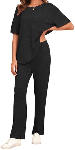 Famulily Ribbed Clothes Sets for Women Oversized Short Sleeve Tops and Wide Leg Trousers with Pockets, 2 Piece Outfits Tracksuits Loungewear Sleepwear