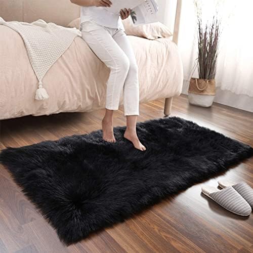 Faux Sheepskin Rug Fluffy Rug,Fluffy Area Small Rugs Shaggy Rugs for Bedroom Rug Fluffy Sofa Floor Carpet Home Decoration Black Rugs (Black 23.6 x 35.4 inch)