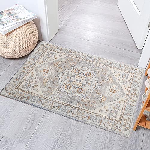 GEVES Beige Grey Area Rug Persian Oriental 2x3 Boho Entryway Rugs for Bedroom Kitchen Bathroom Decor Doormat Washable Indoor Use Non-Slip Rubber Backing