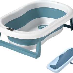 GoBuyer Ltd Baby Bath Tub for Toddler Kids Infant - Basin - Foldable Safe Non-Slip Portable with Soft Cushion Pad for 0-4 Years (Blue+Support)