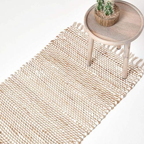 HOMESCAPES Chevron Hallway Runner Handwoven Natural Hemp Chindi Rug ‘Sierra’ Herringbone Pattern Rug, 66 x 200 cm