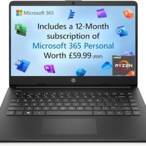 HP Laptop 14s-fq0004na, 14" Full HD Laptop, AMD Ryzen 3 3250U processor, 2,6 GHz, 4GB Ram, 128 GB SSD, Windows 11 in S Mode, Black, with Microsoft 365 Personal 12 Months Included