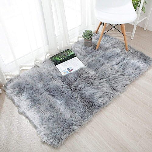 HY fluffy lambskin carpet, faux fur, sheepskin, faux sheepskin carpet deco, fur look, wool, bed mat, sofa mat for living room, bedroom, children's room, dining room., grey, 60 x 90 cm