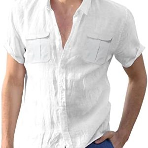 Halfword Mens Linen Short Sleeve Shirts Beach Cotton Summer Casual Tops Button Tshirts with Pockets