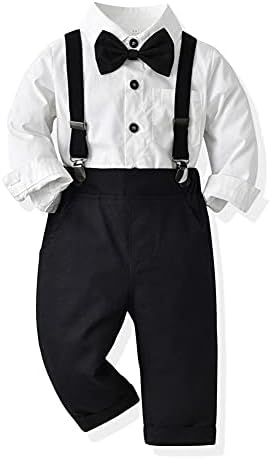 IBTOM CASTLE Baby Boys Dress Clothes Toddler Boys Gentleman Suits Long Sleeve Bow Tie Shirts + Suspenders Pants Formal Wedding Christening Christmas Birthday Party Cake Smash Photo Shoot Outfits