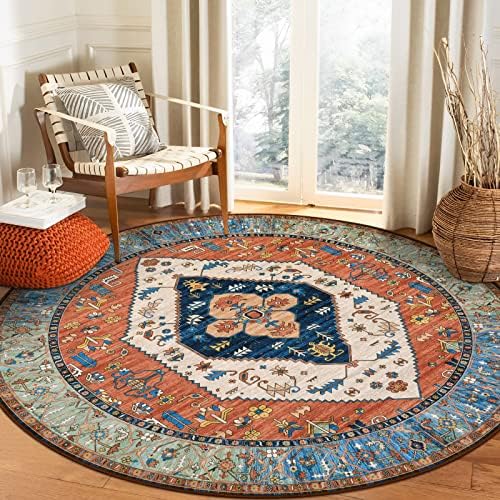 Lahome Boho Round Area Rug - 5ft Washable Round Bedroom Rugs Non-Slip Throw Circle Rug for Living Room, Vintage Distressed Dinning Room Rug Persian Small Round Carpet for Bathroom Kitchen Office Rug