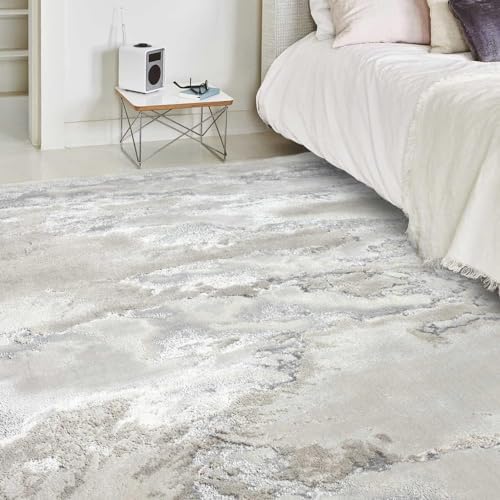 Lord of Rugs Modern Abstract Living Room Rug Silky Shiny Shimmer Effect Luxury Marble Design Short Pile Carpet Dining Bedroom Area Flatweave Rug AU02 Cloud Grey Silver Large 160x230 cm (5'3"x7'7")