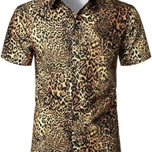 LucMatton Men's Hipster Short Sleeve Button Down Leopard Print Shirt for Club Rock Party