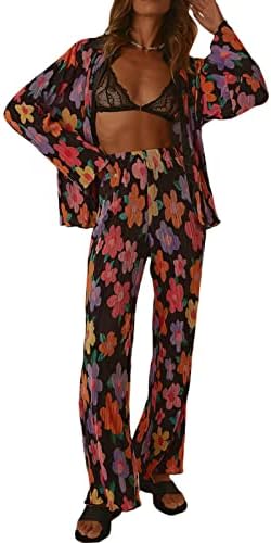 Merfrede Women Pleated 2 Piece Pants Outfits Loose Long Sleeve Button Down Shirt High Waist Wide Leg Trousers Loungewear Set