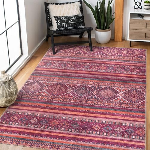 NETLINE HOME Machine Washable Area Rugs For Kitchen, Bedroom, Dining and Living Room | Kid Pet Friendly Rug | Oriental Design Carpet | Low Pile | Non Slip (Red, 120X180 CM)