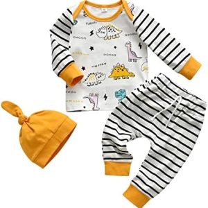 Newborn Infant Baby Boy Clothes Outfits Pattern Long Sleeve T-Shirt + Striped Pants + Hat 3Pcs Clothes Set