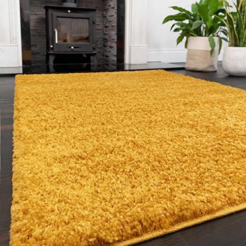 Ochre Yellow Shaggy Lounge Living Room Rug Modern Mustard Soft Plain Fluffy Bedroom Carpets Hallway Children's Mat Area Rugs 111cm x 161cm