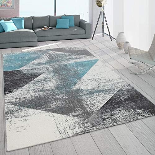 Paco Home Frieze Rug Short Pile For Living Room Used Look Pastel Colours Turquoise Grey, Size:120x170 cm